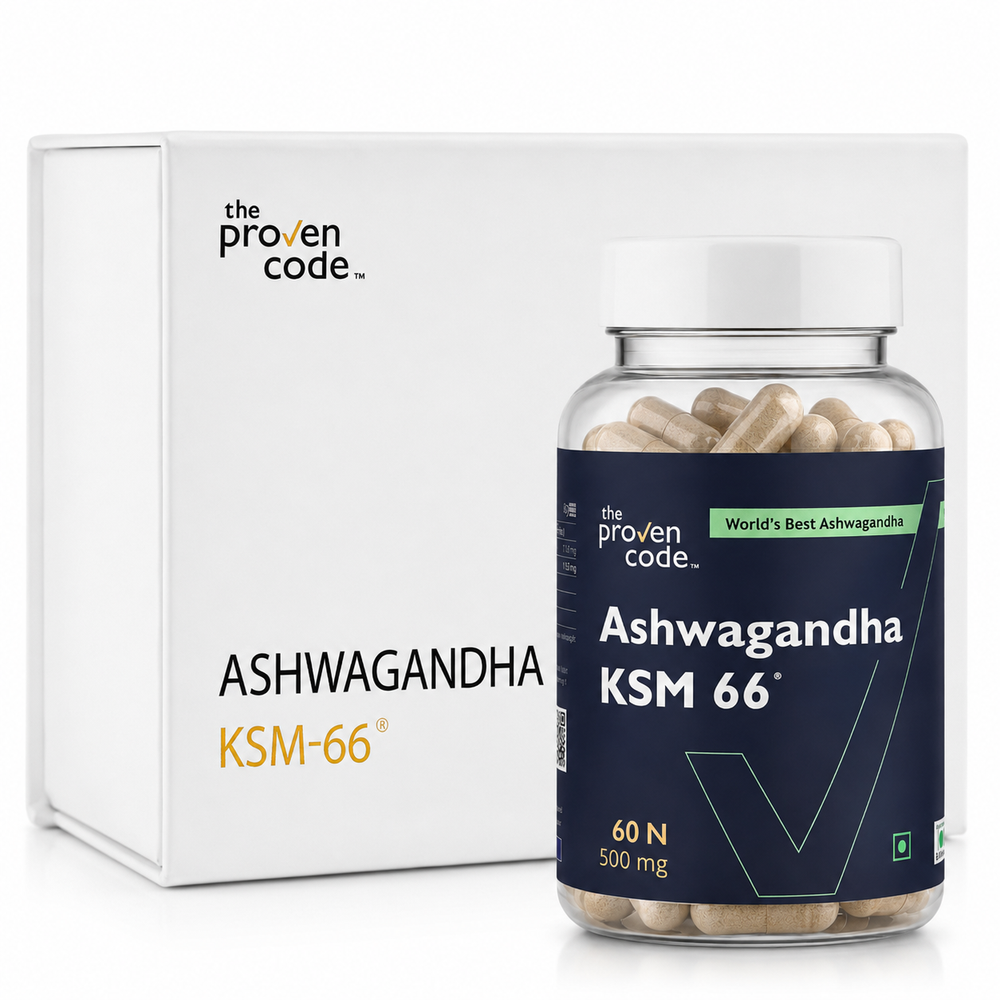 The Proven Code Ashwagandha KSM-66 capsule bottle on a white background