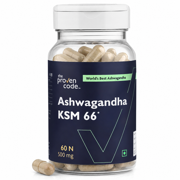 The Proven Code Ashwagandha KSM-66 capsule bottle on a white background