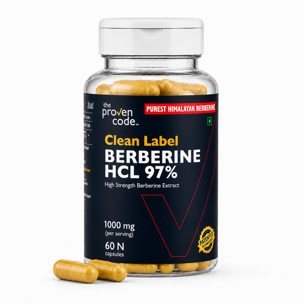 The Proven Code Clean Label Berberine HCl 97% capsule bottle on a white background