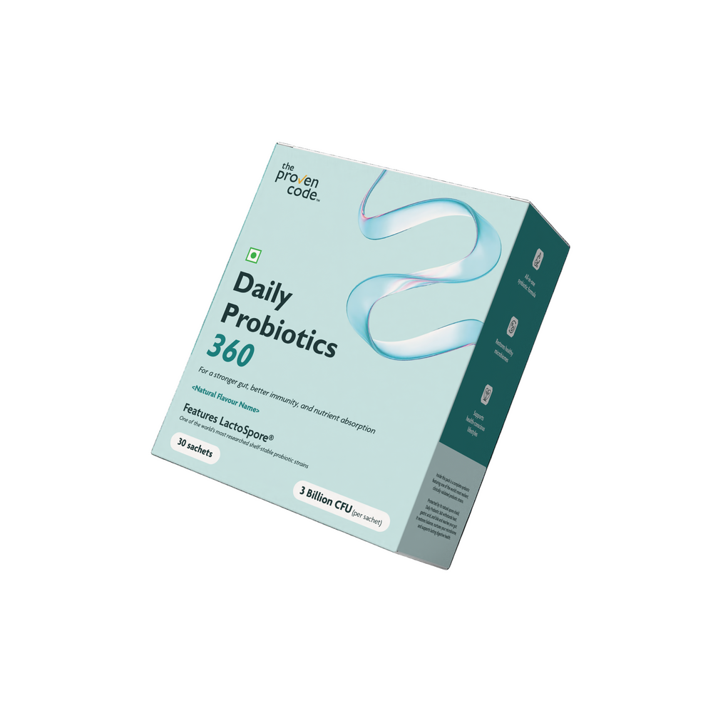 The Proven Code Daily Probiotics 360 sachet box on a white background